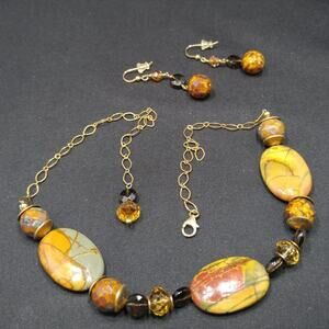 Gemstone Jasper Crystal Necklace, Matching Ear Wire Earrings, Earth Tones, 19 In